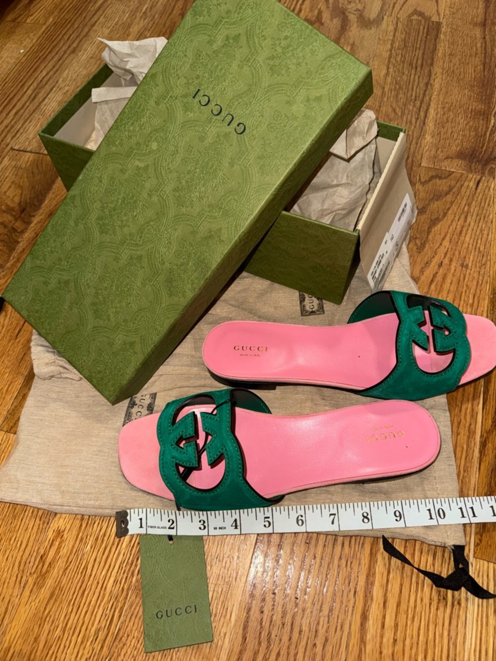 Gucci Pink Leather Footbed with Green Suede GG Slide Sandals - Picture 4 of 5